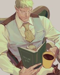 Rule 34 | 1boy, animal, animal on lap, bara, black vest, blonde hair, book, chair, closed mouth, collared shirt, cup, facial hair, glasses, highres, holding, holding book, holding cup, male focus, muscular, muscular male, necktie, on lap, open book, original, shirt, short hair, sitting, stubble, two-tone vest, ueno kishi, vest, white shirt, white vest