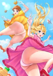 Rule 34 | 2girls, ass, ass focus, blonde hair, blue eyes, blush, breasts, brown hair, cameltoe, clothes lift, crown, dress, dress lift, elbow gloves, from behind, from below, gloves, goomba, high heels, highres, hip attack, huge ass, long hair, looking at viewer, looking down, mario (series), medium breasts, multiple girls, nintendo, open mouth, panties, ponytail, princess daisy, princess peach, short hair, super mario bros. 1, super mario land, takapin, toad (mario), underwear