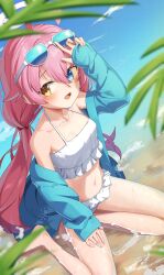Rule 34 | 1girl, absurdres, ahoge, bikini, blue archive, blue eyes, blush, breasts, collarbone, eyewear on head, fang, frilled bikini, frills, hair bobbles, hair ornament, halo, heterochromia, highres, hoshino (blue archive), hoshino (swimsuit) (blue archive), long hair, looking at viewer, low twintails, monmo mu, navel, official alternate costume, open mouth, pink hair, pink halo, sitting, small breasts, solo, sunglasses, swimsuit, twintails, wariza, water, white bikini, yellow eyes