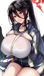 Rule 34 | 1girl, black hair, blue archive, breasts, gym uniform, hair between eyes, halo, hands on own chest, hasumi (blue archive), hasumi (track) (blue archive), head tilt, high ponytail, highres, huge breasts, jacket, long hair, long sleeves, looking at viewer, mole, mole under eye, official alternate costume, red eyes, shirt, short shorts, shorts, smile, solo, t-shirt, track jacket, whistle, whistle around neck, white shirt, yukinimaru