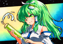 Rule 34 | 1girl, aqua background, bad id, bad pixiv id, bare shoulders, black border, blue background, border, breasts, collar, detached sleeves, frog hair ornament, gradient background, green background, green eyes, green hair, hair between eyes, hair ornament, hair ribbon, hands up, holding, kochiya sanae, long hair, long sleeves, looking at viewer, medium breasts, multicolored background, one eye closed, open mouth, ponytail, qqqrinkappp, ribbon, shirt, smile, snake hair ornament, solo, touhou, traditional media, water, white ribbon, white shirt, white sleeves, yellow background