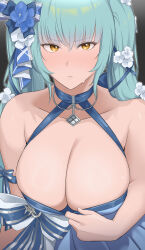 Rule 34 | 1girl, blbush, blue dress, blue hair, breasts, cleavage, cocktail dress, criss-cross halter, dress, dress tug, flower, furo atsushi, goddess of victory: nikke, hair flower, hair ornament, halterneck, highres, large breasts, light blue hair, long hair, looking at viewer, privaty (banquet princess) (nikke), privaty (nikke), solo, sweat, twintails, yellow eyes