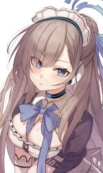 Rule 34 | 1girl, asuna (blue archive), asymmetrical bangs, black choker, blue archive, blue bow, blue bowtie, blue eyes, blue ribbon, blush, bow, bowtie, breasts, choker, cleavage, closed mouth, detached collar, earpiece, hair ribbon, halo, highres, katsukare, large breasts, long hair, looking at viewer, maid headdress, mole, mole on breast, ribbon, solo, upper body, white background