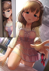 Rule 34 | 1girl, blue eyes, blush, breasts, brown hair, comic, commentary request, dress, hairband, heart, heart-shaped pupils, highres, idolmaster, idolmaster cinderella girls, jewelry, lens flare, looking at viewer, medium breasts, mk (mod0), multiple views, necklace, open mouth, sakuma mayu, short hair, silent comic, smile, symbol-shaped pupils