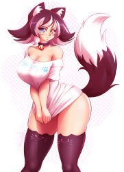 Rule 34 | 1girl, animal ear legwear, animal ears, bell, black hair, black thighhighs, blue eyes, breasts, cat ear legwear, cat ears, cat tail, cleavage, clothes writing, collar, commentary, curvy, flipped hair, heterochromia, highres, jingle bell, kat (mazume), large breasts, looking at viewer, mazume, multicolored hair, neck bell, no pants, off shoulder, orange eyes, original, paw print, shirt, shirt tug, short hair, slit pupils, solo, standing, tail, thick thighs, thighhighs, thighs, two-tone hair, white hair, white shirt, wide hips