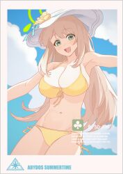 Rule 34 | 0.7 (aysatnegr), 1girl, armpits, bikini, blue archive, blush, breasts, cleavage, collarbone, front-tie bikini top, front-tie top, green eyes, green halo, groin, halo, hat, highres, large breasts, light brown hair, long hair, navel, nonomi (blue archive), nonomi (swimsuit) (blue archive), official alternate costume, open mouth, side-tie bikini bottom, smile, solo, swimsuit, white hat, yellow bikini