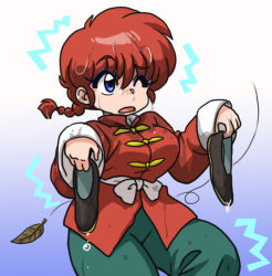 Rule 34 | 1girl, braid, breasts, chinese clothes, female focus, gender request, genderswap, leaf, one eye closed, ranma-chan, ranma 1/2, red hair, saotome ranma, single braid, solo, tangzhuang, wanta (futoshi), water, wet, wince