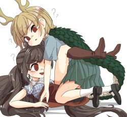 Rule 34 | 2girls, ?, ??, @ @, antlers, black hair, black wings, blonde hair, blue shirt, blue skirt, blush, boots, brown footwear, commentary request, cowboy boots, cowboy western, dragon girl, dragon horns, dragon tail, horns, horse girl, horse tail, kicchou yachie, kurokoma saki, mary janes, multiple girls, open mouth, ponytail, red eyes, shirt, shoes, short hair, simple background, skirt, socks, sweat, tail, touhou, turtle shell, tutuntudenden, white background, white legwear, wings