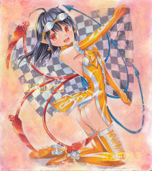 Rule 34 | 1girl, :d, alternate costume, ass, asymmetrical wings, black hair, boots, breasts, checkered flag, cleavage, elbow gloves, eyewear on head, fang, female focus, flag, garter belt, garter straps, glasses, gloves, high heels, houjuu nue, knee boots, kneeling, mayo riyo, open mouth, race queen, red eyes, sample watermark, shoes, smile, solo, thigh boots, thighhighs, touhou, traditional media, watermark, wings