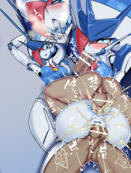 Rule 34 | 1girl, 2boys, :&gt;=, anal, android, bar censor, blue eyes, blush, breasts, censored, colored skin, cum, cum in ass, cum in mouth, cum in pussy, cum on tongue, darling in the franxx, delphinium (darling in the franxx), double penetration, eyes visible through hair, fellatio, group sex, hair over one eye, half-closed eyes, hand up, hat, looking at viewer, medium breasts, mmf threesome, multiple boys, multiple views, one eye covered, oral, penis, pochincoff, pussy, robot, sex, smile, solo focus, standing, testicles, threesome, tongue, tongue out, vaginal, white skin