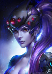 Rule 34 | 1girl, artist name, bodysuit, breasts, center opening, cleavage, colored skin, earrings, expressionless, head-mounted display, highres, image sample, jewelry, jpeg artifacts, lips, long hair, looking at viewer, nose, overwatch, overwatch 1, ponytail, purple hair, purple skin, qichao wang, solo, stud earrings, upper body, watermark, web address, widowmaker (overwatch), yellow eyes