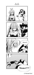 Rule 34 | 2girls, 4koma, ?, breasts, cleavage, cleavage cutout, clothing cutout, comic, commentary, cup, english text, feather hair ornament, feathers, gloves, greyscale, hair intakes, hair ornament, hairclip, highres, holding, holding cup, hololive, hololive english, long hair, medium breasts, monochrome, multiple girls, nanashi mumei, ouro kronii, ponytail, reading, symbol-only commentary, taka t, teacup, very long hair, virtual youtuber