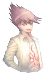 Rule 34 | 1boy, cropped torso, danganronpa (series), danganronpa v3: killing harmony, facial hair, goatee, hair between eyes, itsuki (nightlight), looking at viewer, male focus, momota kaito, open clothes, open mouth, open shirt, purple eyes, purple hair, shirt, simple background, solo, spiked hair, teeth, upper body, upper teeth only, white background, white shirt