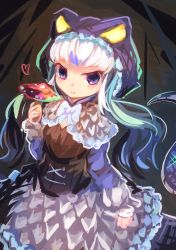 Rule 34 | 1girl, :t, absurdres, arm at side, blue eyes, blue hair, bow, bowtie, capelet, center opening, closed mouth, corset, cowboy shot, dress, eating, food, hand up, heart, highres, holding, holding food, holding mushroom, hood, hood up, hooded capelet, kemono friends, komodo dragon (kemono friends), komodo dragon tail, long sleeves, looking at viewer, maki gamin, medium dress, multicolored hair, mushroom, solo, tail, two-tone hair, white hair