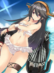 Rule 34 | 10s, 1girl, alternate costume, bare shoulders, bikini, black hair, brown eyes, burnt clothes, camouflage, cannon, damaged, dazzle paint, hair between eyes, hair ornament, hairband, hairclip, haruna (kancolle), headgear, highres, japanese clothes, kantai collection, long hair, looking at viewer, navel, solo, swimsuit, tonchinkan, turret