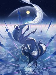 Rule 34 | above clouds, absurdly long hair, android, blue theme, cloud, completely nude, doll joints, earth (planet), falling, from side, frown, hair between eyes, halo, hand on own head, highres, horizon, joints, kurohal, long hair, mechanical halo, mechanical wings, moon, nude, planet, space, star (sky), tears, very long hair, water drop, white hair, wings