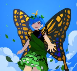 Rule 34 | 1girl, antennae, aqua hair, butterfly wings, cowboy shot, dress, eternity larva, fairy, green dress, highres, insect wings, kaigen 1025, leaf, leaf on head, multicolored clothes, multicolored dress, no lineart, open mouth, pink eyes, short hair, short sleeves, single strap, smile, solo, touhou, wings