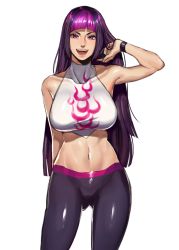 Rule 34 | 1girl, abs, alternate hairstyle, arm at side, black pants, blunt bangs, breasts, capcom, chinese clothes, collarbone, commentary, cowboy shot, dudou, english commentary, eyelashes, facing viewer, gloves, gluteal fold, hair down, han juri, hanny (uirusu chan), highres, large breasts, lips, looking at viewer, multicolored hair, official alternate costume, open mouth, pants, partially fingerless gloves, pink eyes, pink hair, purple hair, shiny clothes, skin tight, smile, solo, standing, street fighter, street fighter v, two-tone hair, white background, yoga pants