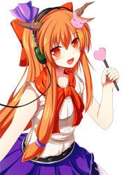 Rule 34 | 1girl, blush, bow, bowtie, buttons, commentary request, cookie (touhou), cowboy shot, hair between eyes, hair bow, hair ornament, headphones, heart, heart wand, highres, holding, holding wand, horn bow, horn ornament, horns, ibuki suika, long hair, looking at viewer, open mouth, orange eyes, orange hair, purple bow, purple skirt, rabbit hair ornament, red bow, red bowtie, shirt, sidelocks, simple background, skirt, sleeveless, sleeveless shirt, smile, solo, szk, touhou, wand, white background, white shirt, yamin (cookie)