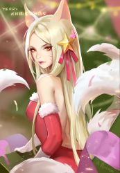 Rule 34 | 1girl, absurdres, ahri (league of legends), alternate costume, animal ears, bare shoulders, blurry, blurry background, christmas, detached sleeves, dress, facial mark, fox ears, fox girl, fox tail, from side, fur-trimmed dress, fur trim, hair ornament, hair ribbon, highres, league of legends, long hair, merry christmas, parted bangs, pink ribbon, red dress, red sleeves, ribbon, shiny clothes, solo, star (symbol), star hair ornament, tail, translation request, whisker markings, xiuluoyi00