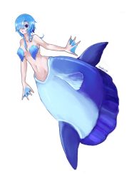 Rule 34 | 1girl, :o, blue eyes, blue hair, breasts, completely nude, fins, fish, full body, gills, hair over one eye, highres, long hair, looking at viewer, medium breasts, mermaid, monster girl, navel, nude, one eye covered, original, parted lips, ruteko (ruko220), simple background, solo, sunfish, twitter username, webbed hands, white background, wide-eyed