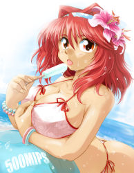 Rule 34 | 1girl, bikini, blush, breasts, cleavage, commentary request, curvy, female focus, flower, food, gradient background, hair flower, hair intakes, hair ornament, huge breasts, leaning forward, lily (flower), looking at viewer, open mouth, original, popsicle, ranbu hararin, red eyes, red hair, solo, swimsuit, tongue, tongue out, wet, wide hips
