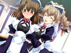 Rule 34 | 1boy, 1girl, blush, breasts, brown eyes, brown hair, crossdressing, elbow gloves, emupii maid promotion master, closed eyes, game cg, glasses, gloves, large breasts, short hair, trap, waitress
