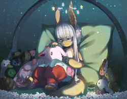 Rule 34 | 1girl, 1other, :3, absurdres, animal ears, closed mouth, furry, highres, kimyo, lantern, long hair, looking at another, made in abyss, mitty (made in abyss), nanachi (made in abyss), rabbit ears, red eyes, sitting, smile, stuffed animal, stuffed toy, tail, white hair, yellow eyes