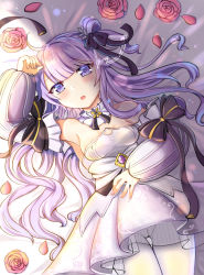 Rule 34 | 1girl, ahoge, armpits, azur lane, bare shoulders, bed sheet, blush, bow, breasts, choker, cleavage, collarbone, commentary request, detached sleeves, dress, fang huu (funfox), flower, hair bow, hair bun, hair ribbon, jewelry, long hair, looking at viewer, lying, medium breasts, off-shoulder dress, off shoulder, official alternate costume, one side up, pantyhose, parted lips, petals, pink flower, pink rose, purple eyes, purple hair, ribbon, ring, rose, side bun, sidelocks, single hair bun, single side bun, solo, sparkle, unicorn (a dream of pure vows) (azur lane), unicorn (azur lane), wedding band, wedding dress, white dress, white pantyhose