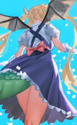 Rule 34 | 1girl, blonde hair, blue background, bow, dragon tail, dragon wings, dress, from behind, gloves, highres, horns, kobayashi-san chi no maidragon, large tail, lifted by tail, puffy short sleeves, puffy sleeves, purple dress, red bow, ryusei hashida, shirt, short sleeves, solo, spread wings, tail, tohru (maidragon), white gloves, white shirt, wings