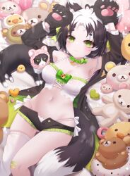 Rule 34 | 1girl, :3, absurdres, ahoge, animal, animal ears, animal hands, armpits, arms up, bandaid, bandaid on knee, bandaid on leg, bare shoulders, bell, black hair, black jacket, black shorts, bow, breasts, cat, cat ears, cat girl, cat tail, choker, cleavage, closed mouth, commission, crop top, frilled shorts, frills, gloves, gluteal fold, green bow, green choker, green eyes, heart, heart ahoge, highleg, highres, honyang, jacket, jingle bell, lace trim, looking at viewer, lying, medium breasts, micro shorts, midriff, mole, mole on ass, mole on breast, mole on stomach, multicolored hair, navel, off shoulder, on back, open clothes, open fly, open jacket, original, panties, paw gloves, shirt, short hair, shorts, single thighhigh, skindentation, sleeveless, sleeveless shirt, slit pupils, smile, solo, spaghetti strap, stomach, tail, thighhighs, thighs, two-tone hair, underwear, white hair, white panties, white shirt, white thighhighs