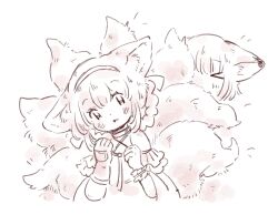 Rule 34 | 2girls, animal ears, arknights, blush, braid, braided hair rings, commentary request, fox ears, fox girl, fox tail, gloves, hair rings, hairband, hands up, hugging another&#039;s tail, hugging tail, kitsune, kyuubi, momomomowan, monochrome, multiple girls, multiple tails, short hair, single glove, single wrist cuff, sussurro (arknights), suzuran (arknights), tail, twin braids, wrist cuffs
