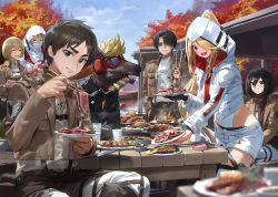 Rule 34 | 2girls, 3boys, armin arlert, ascot, autumn leaves, belt, black eyes, black footwear, black hair, blonde hair, blue sky, blurry, blurry foreground, boots, brown jacket, character request, chopsticks, closed eyes, closed mouth, commentary request, cropped jacket, day, depth of field, eating, eren yeager, food, frown, goggles, grey shirt, hand in pocket, highres, holding, holding chopsticks, holding plate, hood, hood up, hooded jacket, horse, jacket, knee boots, leotard, leotard under clothes, levi (shingeki no kyojin), long hair, long sleeves, looking at another, looking at viewer, mask, meat, mikasa ackerman, modare, mouth mask, multiple boys, multiple girls, open clothes, open jacket, open mouth, outdoors, pants, paradis military uniform, parted bangs, plate, ponytail, red eyes, shingeki no kyojin, shirt, shishkebab (fallout), short hair, short shorts, shorts, sitting, skirt, sky, smile, standing, survey corps (emblem), suspender skirt, suspenders, swept bangs, thighhighs, tongs, very long hair, white ascot, white belt, white leotard, white pants, white shorts, white thighhighs