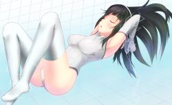 Rule 34 | 1girl, ass, b.ren, black hair, blush, boots, elbow gloves, electricity, closed eyes, female focus, gloves, hairband, leotard, long hair, open mouth, original, solo, straight hair, thighhighs, white gloves, white thighhighs