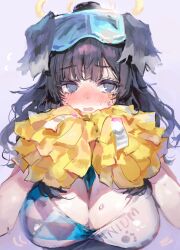 Rule 34 | 1girl, @ @, animal ears, black hair, blue archive, blush, breasts, cleavage, dog ears, dog girl, flying sweatdrops, goggles, goggles on head, grey eyes, halo, hibiki (blue archive), hibiki (cheer squad) (blue archive), highres, holding, holding pom poms, inusaka, large breasts, long hair, millennium cheerleader outfit (blue archive), nose blush, paw print, pom pom (cheerleading), pom poms, simple background, solo, sweat, tears, upper body