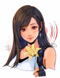 Rule 34 | 1girl, absurdres, bare shoulders, black gloves, black hair, black sports bra, closed mouth, collarbone, commentary, commission, cropped torso, earrings, final fantasy, final fantasy vii, final fantasy vii remake, fingerless gloves, flower, glint, gloves, highres, holding, holding flower, jewelry, kuroiitulip, long hair, looking at viewer, red eyes, signature, single earring, smile, solo, sports bra, suspenders, swept bangs, tank top, teardrop earrings, tifa lockhart, upper body, watermark, white tank top, yellow flower