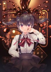 Rule 34 | !?, 1girl, arm behind back, black hair, blush, bow, bowtie, box, box of chocolates, chocolate, chocolate on face, chocolate on head, floating hair, food, food on face, frown, hair ornament, hand up, highres, long hair, long sleeves, messy, n:go, neck ribbon, original, plaid, plaid bow, red eyes, ribbon, skirt, solo, strap slip, suspender skirt, suspenders, sweat, twintails, wiping face