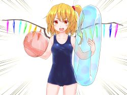 Rule 34 | &gt;:d, 1girl, :d, ball, beachball, blonde hair, blush, collarbone, cowboy shot, crystal, flandre scarlet, hair bobbles, hair ornament, highres, holding, holding ball, innertube, kisamu (ksmz), no headwear, one-piece swimsuit, open mouth, red eyes, school swimsuit, short hair, side ponytail, simple background, smile, solo, swim ring, swimsuit, teeth, touhou, v-shaped eyebrows, white background, wings