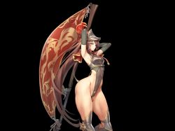 Rule 34 | 1girl, armor, armpits, artist request, breasts, greaves, kakiman, khan (last origin), khan the swift, last origin, leotard, long hair, official art, open mouth, see-through, small breasts, solo, thick thighs, thighs, transparent background, very long hair, wide hips