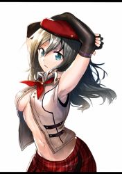 Rule 34 | 10s, 1girl, alisa ilinichina amiella, armpits, arms up, bad id, bad pixiv id, black gloves, blue eyes, blush, elbow gloves, erubo, fingerless gloves, gloves, god eater, god eater 2: rage burst, hat, long hair, looking at viewer, navel, open clothes, open shirt, shirt, silver hair, skirt, solo