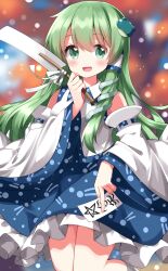 Rule 34 | 1girl, :d, between fingers, blue skirt, blurry, blurry background, collared shirt, commentary request, detached sleeves, frilled skirt, frills, frog hair ornament, green eyes, green hair, hair ornament, highres, holding, kochiya sanae, light particles, long hair, looking at viewer, ofuda, ofuda between fingers, open mouth, patterned clothing, ruu (tksymkw), shirt, sidelocks, skirt, smile, snake hair ornament, solo, touhou, white shirt, wide sleeves
