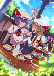 Rule 34 | 3girls, absurdres, blonde hair, blush, closed eyes, cup, day, detached sleeves, facing another, fang, feeding, flandre scarlet, fork, grey hair, hat, highres, holding, holding fork, indoors, izayoi sakuya, long sleeves, looking at another, maid, maid headdress, mob cap, multiple girls, open mouth, purple hair, red eyes, remilia scarlet, shimotsuki aoi, short hair, siblings, sisters, smile, tea, teacup, teapot, teeth, touhou, upper teeth only, wings