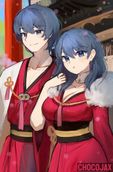 Rule 34 | 1boy, 1girl, absurdres, artist name, black sash, blue eyes, blue hair, breasts, byleth (female) (fire emblem), byleth (fire emblem), byleth (male) (fire emblem), cape, chocojax, cleavage, collarbone, commentary, dual persona, fire emblem, fire emblem: three houses, highres, japanese clothes, kimono, large breasts, long hair, nintendo, obi, red kimono, sash, short hair, upper body, white cape