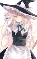 Rule 34 | 1girl, apron, black hat, black vest, blonde hair, bow, braid, closed mouth, collared shirt, commentary, cowboy shot, frilled apron, frilled hat, frilled shirt collar, frills, green bow, green ribbon, hair between eyes, hair bow, hand up, hat, hat bow, highres, kirisame marisa, long hair, looking at viewer, miyakure, neck ribbon, puffy short sleeves, puffy sleeves, ribbon, shirt, short sleeves, simple background, single braid, smile, solo, touhou, vest, waist apron, white background, white bow, white shirt, witch hat, yellow eyes