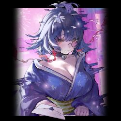 1girl artist_request blush breasts bug girls&#039;_frontline girls&#039;_frontline_neural_cloud japanese_clothes jewelry kimono large_breasts letter mole monocle necklace nora_(neural_cloud) purple_hair red_eyes smile