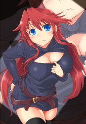 Rule 34 | 1girl, aty (summon night), belt, black thighhighs, blue eyes, blush, breasts, cleavage, cleavage cutout, cleavage reach, clothes pull, clothing cutout, cowboy shot, dress, hand on own ass, kurogane (blackxsilver), large breasts, leaning forward, long hair, looking at viewer, meme attire, open-chest sweater, pulling own clothes, red hair, revision, ribbed sweater, solo, summon night, summon night 3, sweater, sweater dress, thighhighs, very long hair, wavy mouth, zoom layer