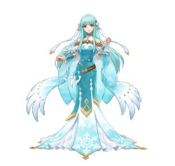 Rule 34 | 1girl, bare shoulders, blue hair, dress, feather trim, feathers, fire emblem, fire emblem: the blazing blade, fire emblem heroes, from side, full body, hair ornament, highres, light blue hair, long dress, long hair, looking at viewer, ninian (fire emblem), nintendo, official alternate costume, official art, open mouth, red eyes, sidelocks, smile, snowflake print, solo, white feathers