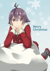 Rule 34 | 1girl, antenna hair, blue background, brown eyes, commentary request, dress, fur-trimmed dress, fur trim, gradient background, hands on own face, highres, kantai collection, looking at viewer, lying, merry christmas, negahami, on stomach, purple hair, sack, sakawa (kancolle), short hair, smile, snowflakes, solo, white background