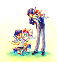 Rule 34 | 00s, 2boys, bad id, bad pixiv id, blue hair, digimon, digimon (creature), digimon adventure, digimon adventure 02, drive ume, glasses, gomamon, kido jo, male focus, monster, multiple boys, pants, shirt, shoes, short hair, smile, sneakers, time paradox