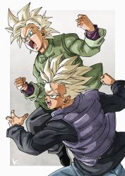 Rule 34 | 2boys, black pants, blonde hair, blue pants, chinese clothes, clenched hand, clenched hands, commentary request, dragon ball, dragon ball super, dragon ball super super hero, furrowed brow, green eyes, highres, kakeru (dbskakeru), male focus, multiple boys, open mouth, pants, purple vest, serious, signature, son goten, super saiyan, super saiyan 1, trunks (dragon ball), vest